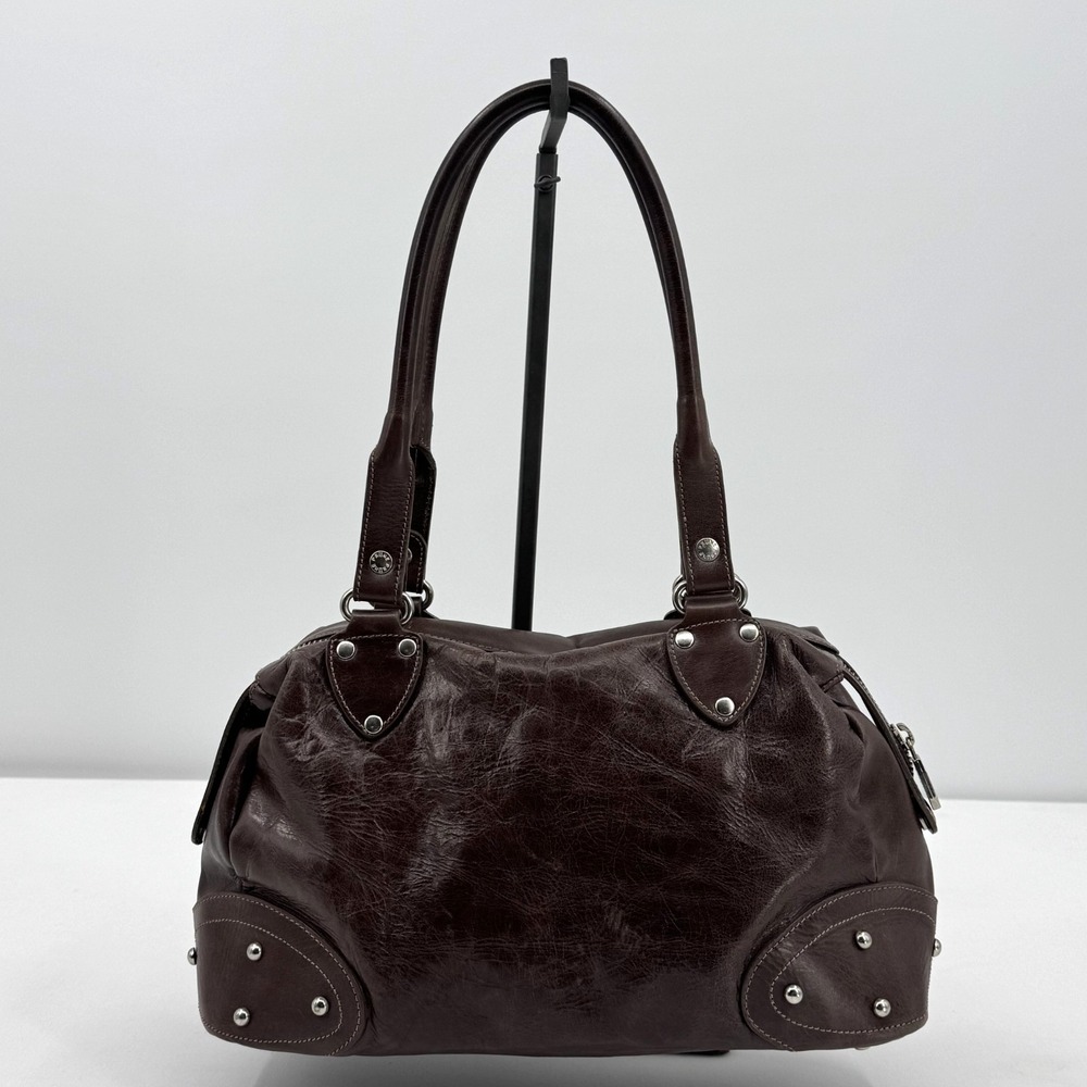 PRUNE Argentina Brown Leather Satchel Bag Structured Doctor Handbag Silver Studs